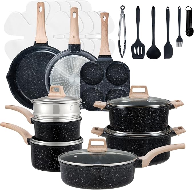 NEWBULIG 25-Piece Nonstick Cookware Set, Granite Coating, Induction, Black by NEWBULIG