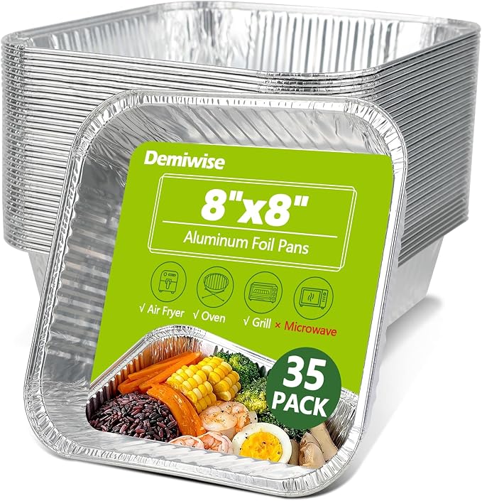 Thickened 35 Pack Heavy Duty Aluminum Pans, 8x8 Small Disposable Aluminum Baking Pans, Square Tin Foil Roasting Tray for Cooking, Meal Prep, Catering, Events, Carton Packaging by Demiwise