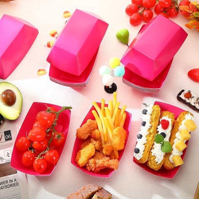 Uiifan 200 Pcs Paper Food Boats Disposable Paper Food Tray Grease Resistant Disposable Serving Tray Cardboard Hot Dog Holder for Burgers Fries Sandwiches Picnic Party (Pink) - Image 4