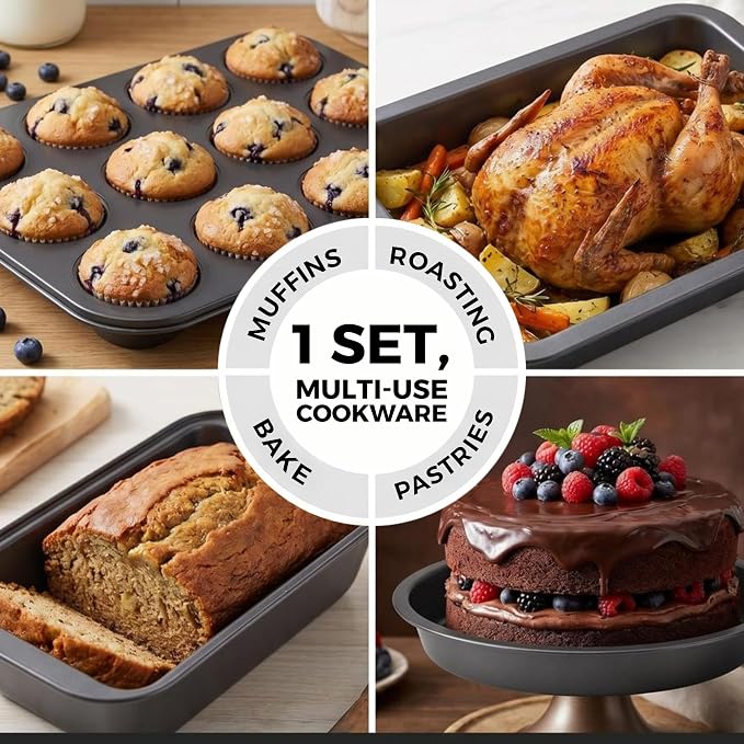 PERLLI Non-Stick 6-Piece Bakeware Set – Carbon Steel with Even Heat Distribution, Oven Safe to 446°F, BPA-Free, Dishwasher Safe, Stackable Baking Tools for Easy Storage and Everyday Cooking - Gray - Image 5