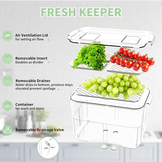 elabo Fridge Fruit Storage Containers, 2Pc Veggies Produce Saver Organizer | BPA-Free & Food Grade Containers, Keep Berries and Veggies Fresh, Large Capacity with Removable Drain Tray - Image 3