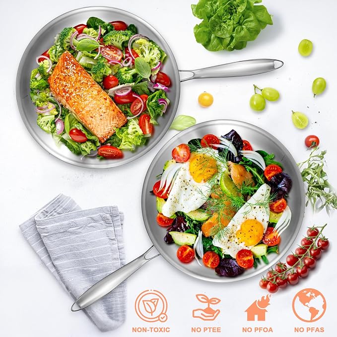 EWFEN 12 Inch Tri-Ply Stainless Steel Frying Pan, Compatible with All Cooktops Up to 600℉, Large Frying Pan with lids, Induction-Ready Skillet, Dishwasher and Oven Safe, Even Heat, 12" Saute Pan+Lid - Image 4