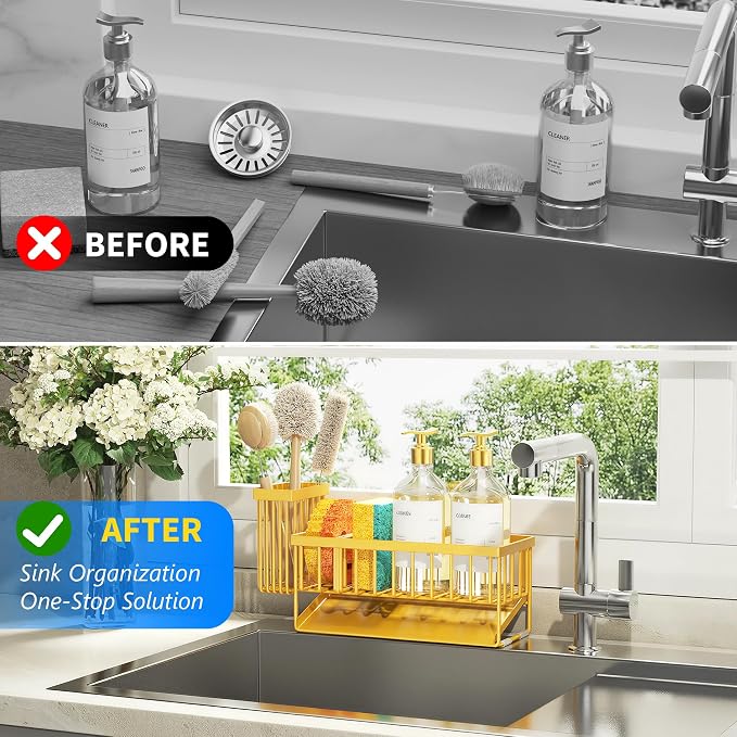 Cisily Lemon Yellow Sink Caddy Organzier with High Brush Holder, Sponge Holder for Sink, 304 Rustproof Stainless, Kitchen Countertop Soap Dispenser Organizer, Lemon Kitchen Decor and Accessories - Image 6