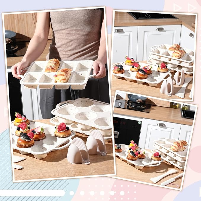7 Pcs Silicone Baking Pan Set Nonstick Bakeware Set Include Loaf Muffin Mini Muffin and Round Pan, Spatula, Dual-head Pastry Brush Oven Mitts for Cupcakes Brownies Bread, Confetti Design - Image 6