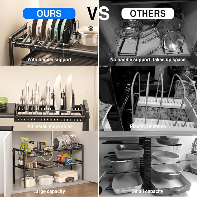 Mustorn Pots and Pans Organizer Under Cabinet, Expandable 2 Tier Under Sink Organizers Storage Adjustable Height Kitchen Pot and Pan Lid Holder Rack with 6 Dividers(4panels,2baskets,1 Pot rack,Black) - Image 5