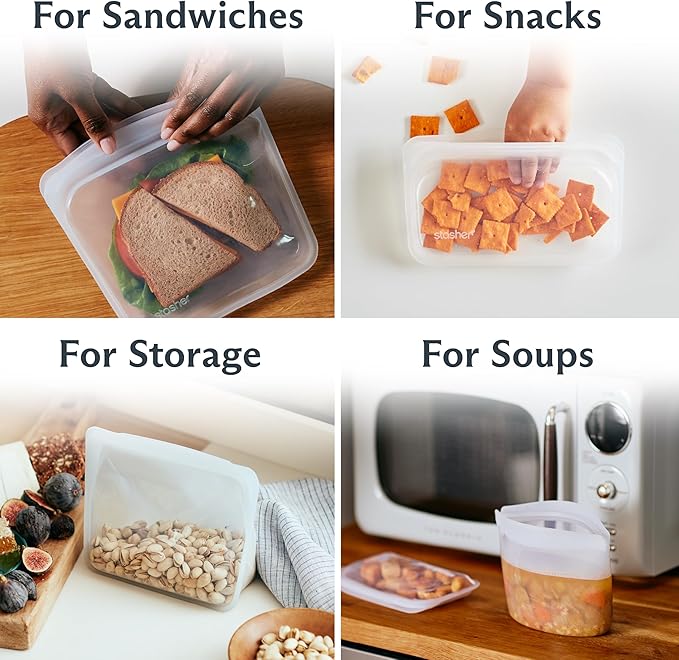 Stasher Premium Reusable Silicone Storage Bags, 4-Pack Starter Kit, Clear | Food-Safe Silicone, Eco-Friendly, Reusable Freezer Bags, Microwave, Dishwasher, Snack Bags, Lunch Containers, Meal Prep - Image 2