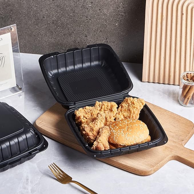 Jaluxing 8X8 1-Compartment 50-Pack Plastic Clamshell Takeout Food Trays Heavy Duty Togo Disposable Box Carryout Meal Prep Packaging Catering Hinged Containers With Secure Snap Lid (Formerly FULING) - Image 6