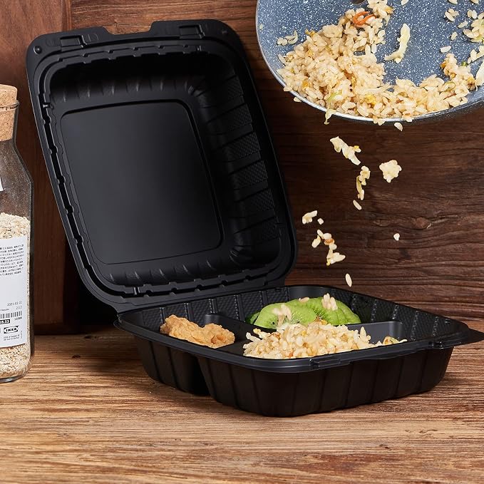 Jaluxing 8X8 3-Compartment 50-Pack Plastic Clamshell Takeout Food Trays Heavy Duty Togo Disposable Box Carryout Meal Prep Packaging Catering Hinged Containers With Secure Snap Lid (Formerly FULING) - Image 4
