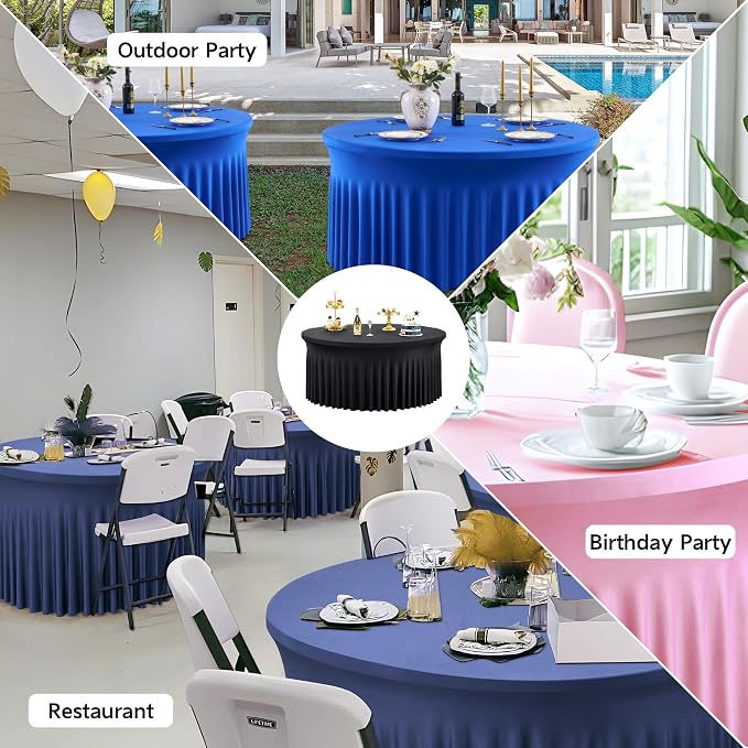 leegleri 10 Pack Spandex Black Round Tablecloths for 72in Table, Wrinkle Free Fitted 6FT Round Table Cover with Skirt for Wedding Birthday Party Bridal Shower Banquet - Image 7