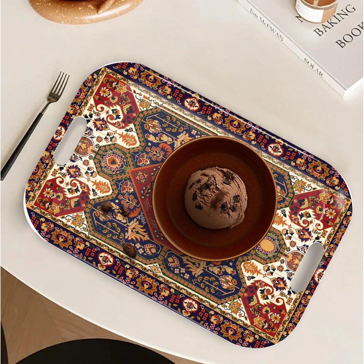 Serving Trays with Handles, 14.5 x 9.8 inch Rectangular Plastic Tray for Restaurant, Kitchen, Dark Red Pattern