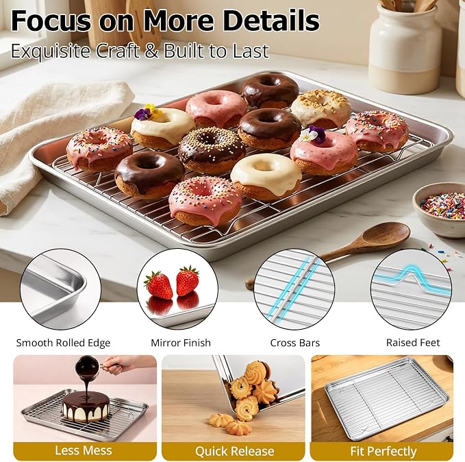 Onader Baking Sheet with Cooling Rack Set of 2, 16x12 Inch Stainless Steel Cookie Sheets for Baking, Metal Jelly Roll Pan with Rack for Oven, 2 Pans + 2 Racks, Nonstick & Rust Resistant - Image 4