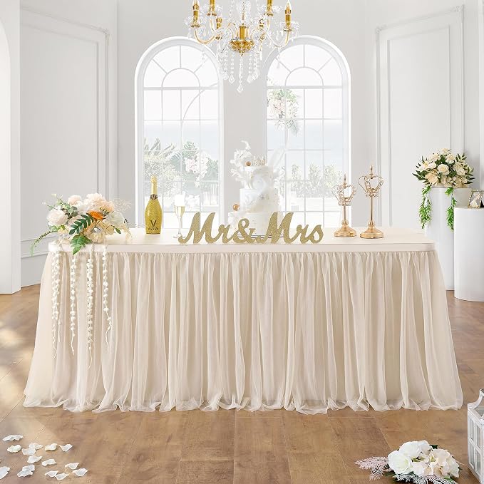 132in Champagne Gold Tulle Table Skirts for Rectangle Tables 8ft 6ft 4ft, 2-Layer Beige Ruffle Tulle Tutu Cloth Table Skirt 11ft for Wedding Party Birthday Baby Shower Cake Dessert(No Table Cover) by ENJOYYOURPARTY