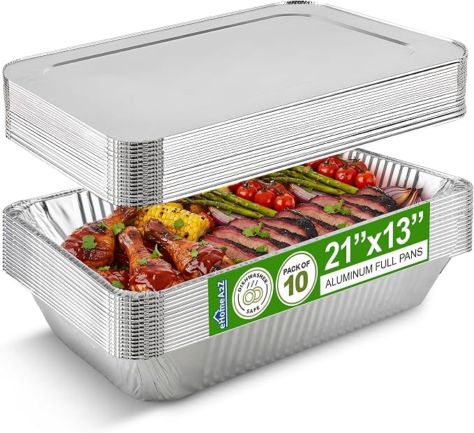 Aluminum Pans With Lids, Large Full Size 21x13x3 Disposable Foil Pans, Heavy Duty Roasting, Baking, Broiling, Catering & Chafing Pans (10, Full-Size w/Lids) by EHOMEA2Z