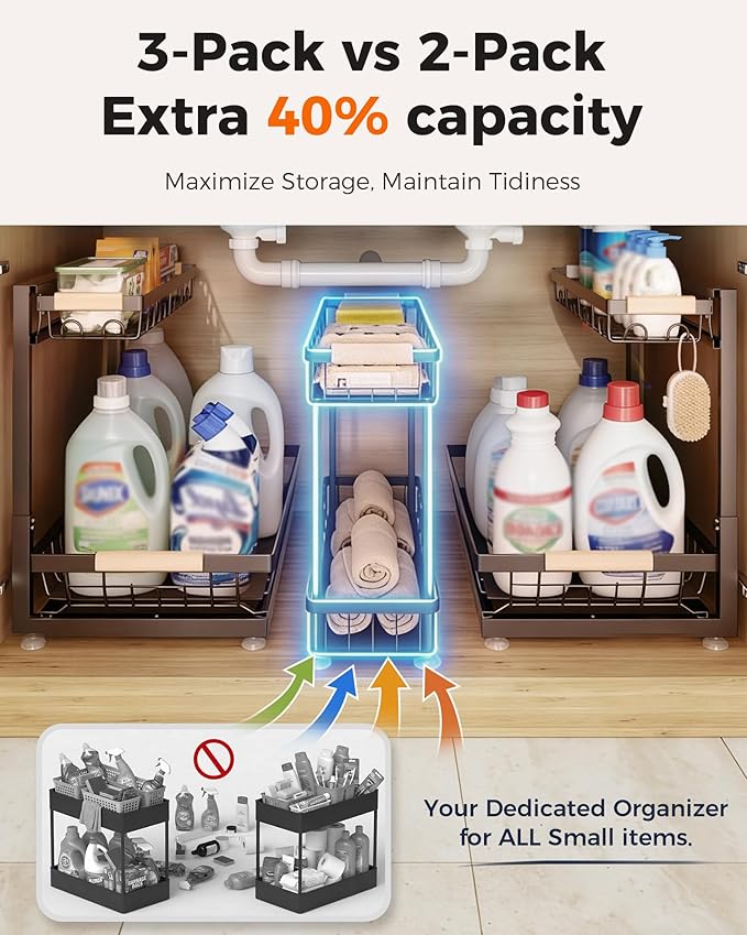 Sevenblue 3-Pack 2-Tier Height Adjustable Under Sink Organizer, Brown - Image 4