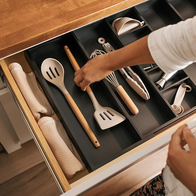 KitchenEdge Utensil & Junk Drawer Organizer, 16-28 in, Black Bamboo | Food-safe contract grade, 100% sustainable wood, non-slip, adjustable - Image 7