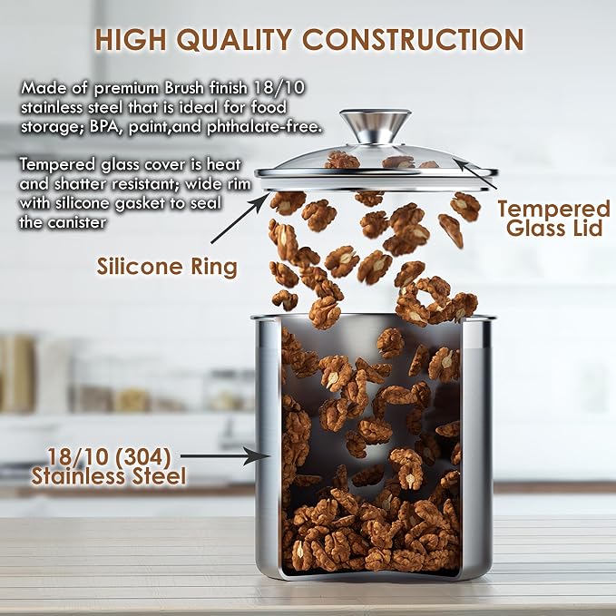 Cooks Standard Large Airtight Kitchen Canister Set for Coffee, Flour & Sugar Storage – 18/10 Stainless Steel Food Storage Containers with Glass Lid – Pantry Organization Jars, 4 Pack (5 Qt to 1.6 Qt) - Image 6