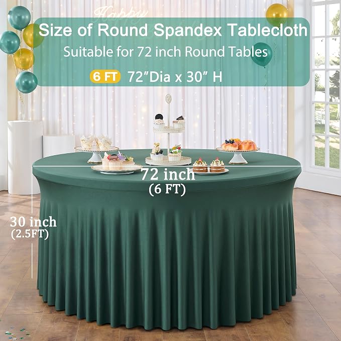 8 Pack Hunter Green Spandex Round Tablecloths for 72 inch Table, Stretchy 132inch Fitted 6FT Round Table Cloths, Wrinkle Free Table Cover with Skirt for Wedding Party Dining Banquet - Image 4