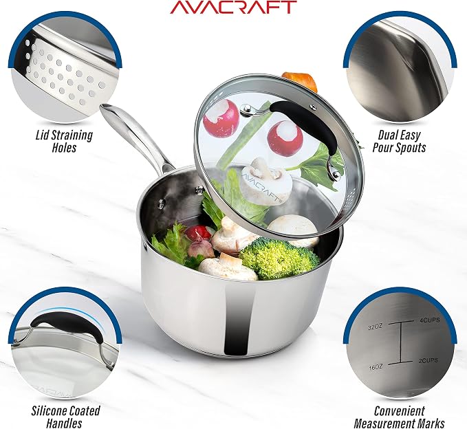 AVACRAFT 1.5 Quart Stainless Steel Saucepan with Glass Strainer Lid - Image 4
