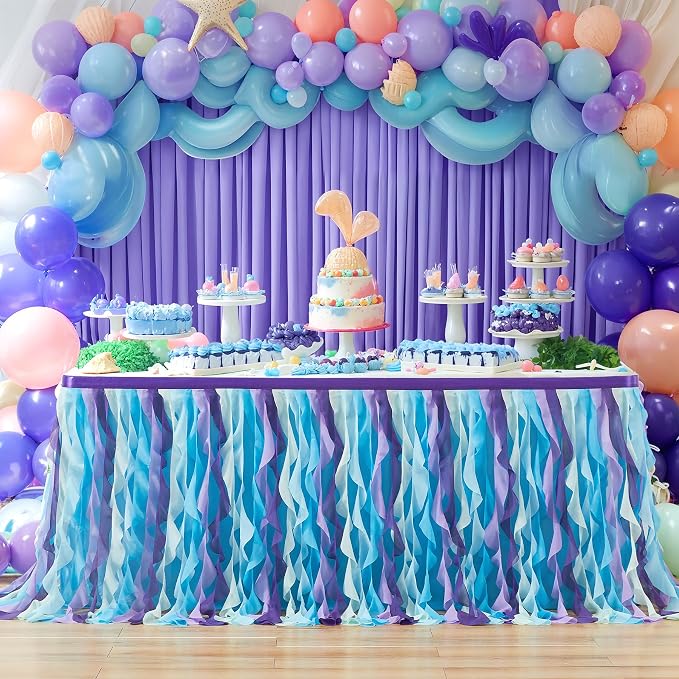 Partisky Mermaid Tulle Tutu Ruffle Curly Willow Table Skirt for Rectangle Table 17ft, Mermaid Themed Party Table Cloth for Girls Birthday Party or Baby Shower - Image 3