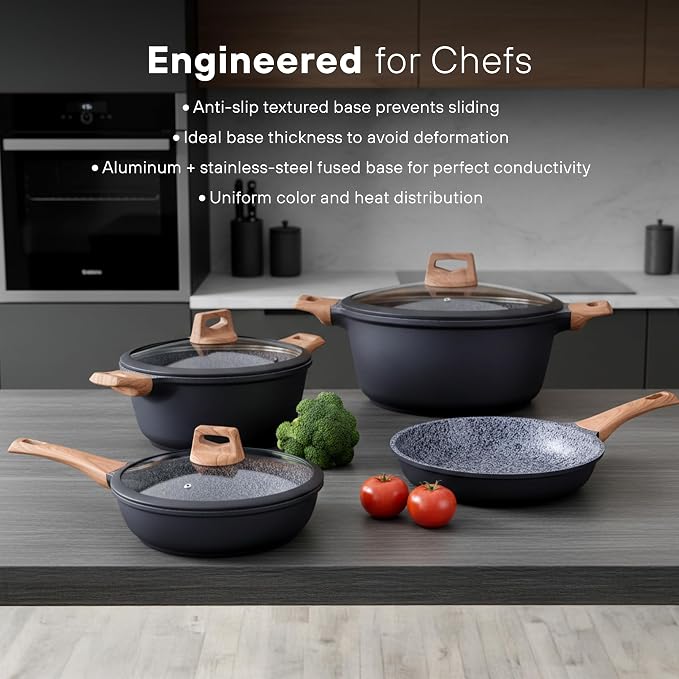 Kochstelle 10pcs Pots and Pans Set Nonstick with Wood Handles, Granite Cookware Set, Frying Pan, Saucepan and 3 Cooking Utensils - Image 5