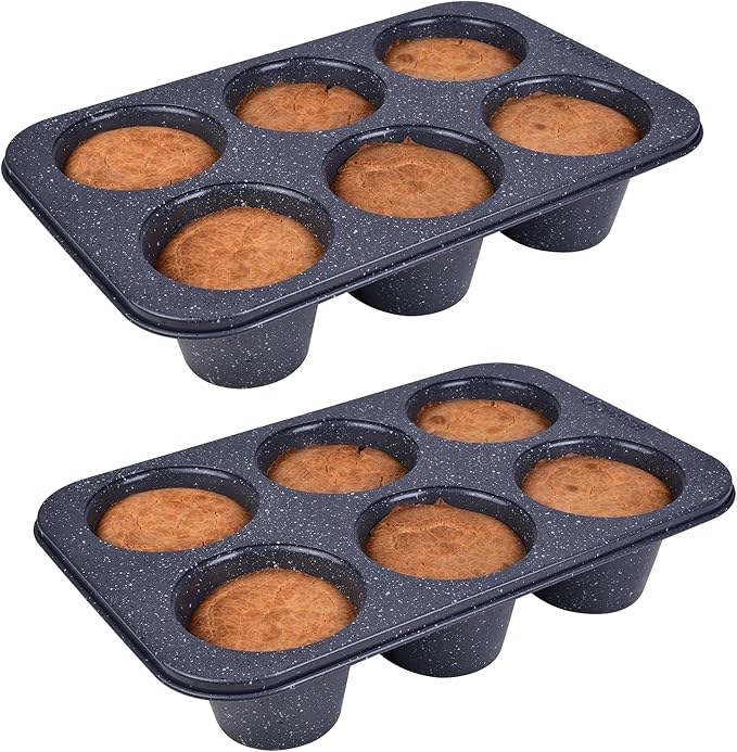 Monfish 2pcs Jumbo Deep Muffin Pan - 6-Cavity Baking Tray, 3.5x3 Inch Cups - Carbon Steel - Black Granite Stone Finish - Extra Large Cupcake Tins for Baking (2 deep muffin) by monfish