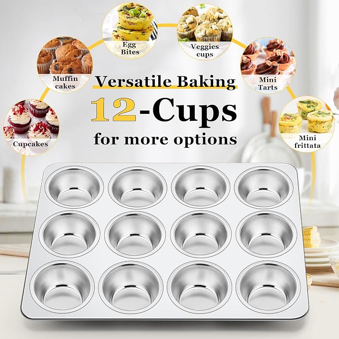 Homikit Stainless Steel Muffin Cupcake Pans 12-Cup, Non Toxic, Easy Release | 3PCS Nonstick Muffins Baking Tins Set, 13.8x10.4 Inch Metal Egg Bites Tray, Standard Size, Heavy Duty, Oven & Dishwasher Safe - Image 8