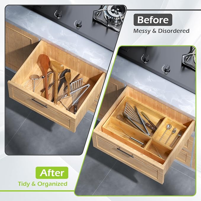 Bamboo Drawer Organizer Boxes, 8-Piece Set for Kitchen & Bathroom | 8 Stackable Multi-Size Organizer Boxes for Kitchen, Bathroom, Vanity, Makeup, Office & Junk Drawers - Image 4