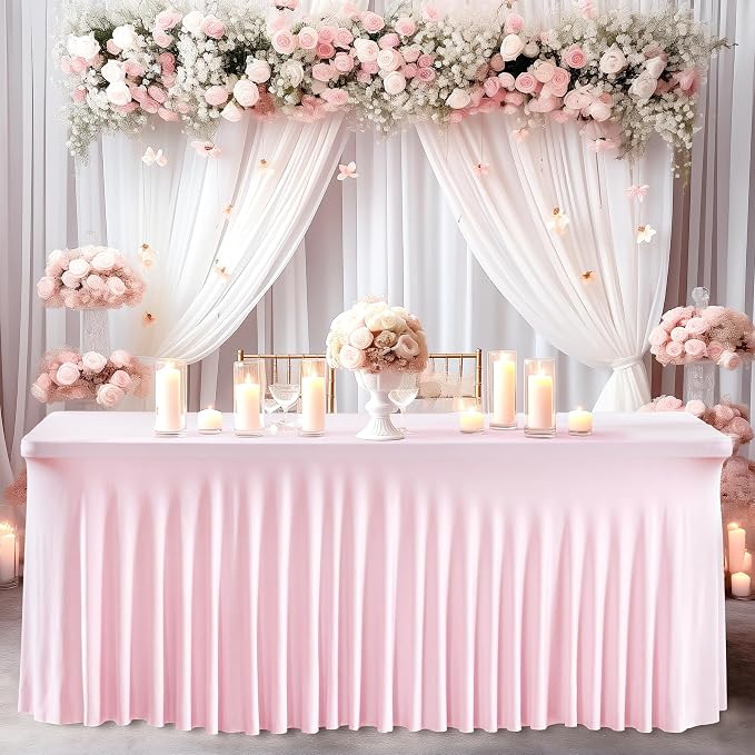 Wish Care 2 Pack Pink Spandex Table Clothes for 4 Foot Rectangle Tables, 4FT Wrinkle Free Fitted Tablecloths Ruffles Design Table Cover for Party, Banquet, Wedding and Events - Image 7
