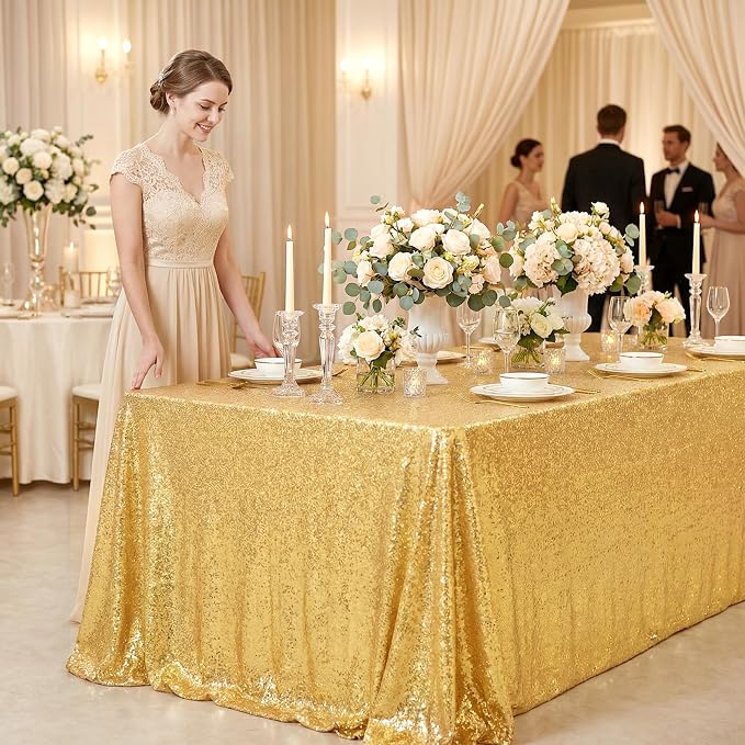 Gold Sequin Tablecloth 60x102 Inch Sparkly Gold Wedding Tablecloth Drapes - Image 3