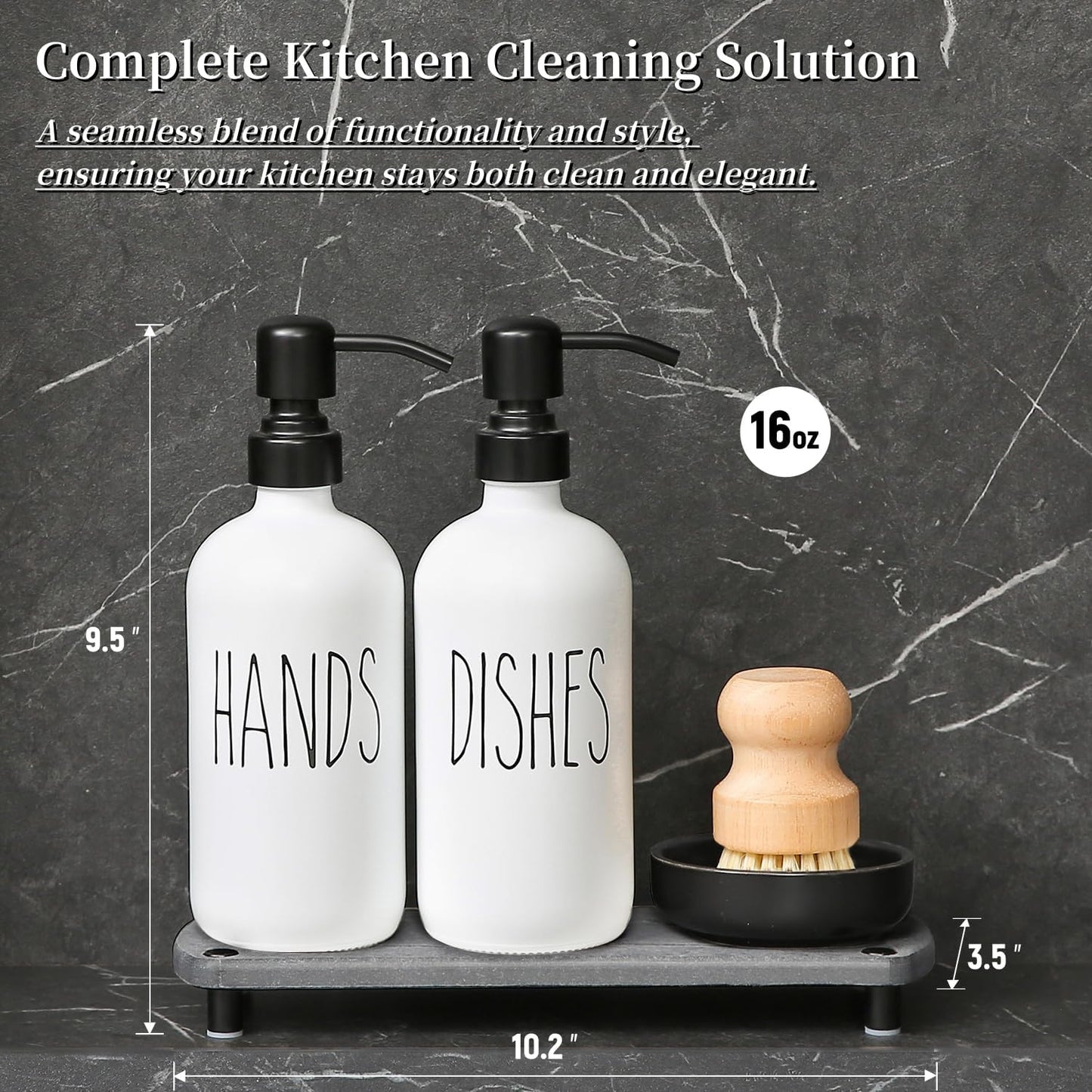 MOMEEMO White Soap Dispenser Set Comes with Stainless Pumps, Black Instant Dry Tray, and Dish Scrub Brush, Suitable for Kitchen Decor and Accessories. (White & Black)