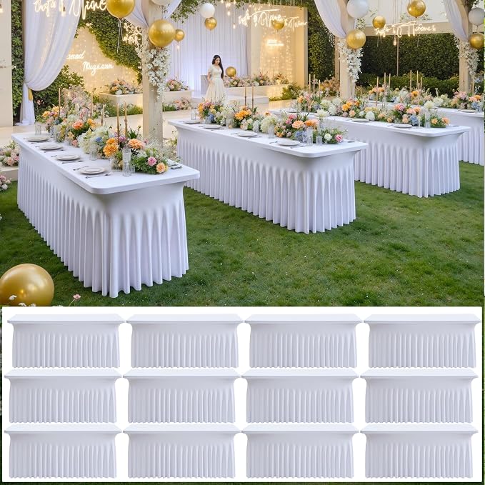 12 pk White Spandex Table Cloth Rectangle 6ft with Ruffle Skirt,Wrinkle Free High-Stretch Fitted Tablecloths for 6 Foot Rectangle Tables,Elastic Spandex Table Covers 6 ft for Parties Weddings Banquet by ENJOYYOURPARTY
