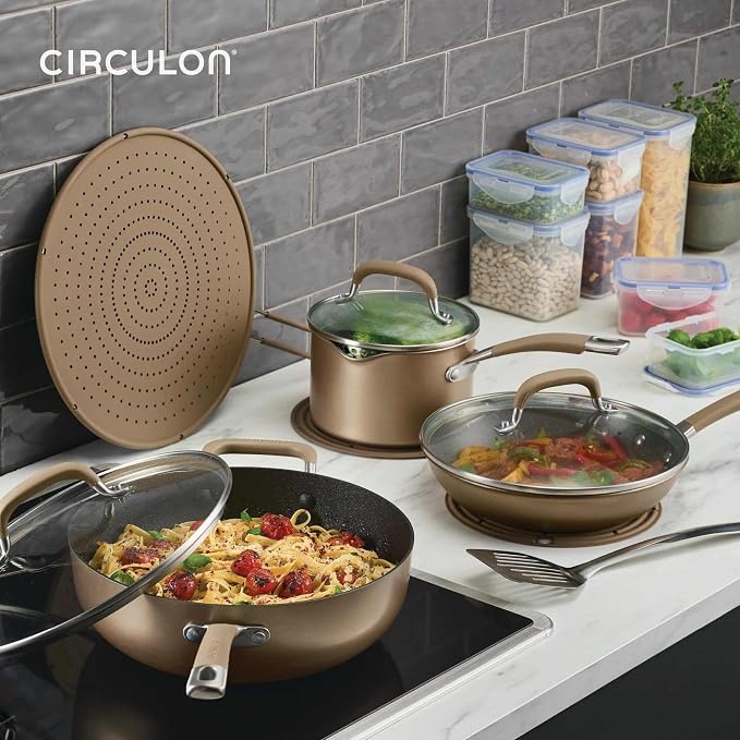 Circulon A1 Series with ScratchDefense Technology Nonstick Induction Pots and Pans, Metal Utensil Safe, Includes Splatter Guard, Slotted Turner and Silicone Trivets, 10 Piece Cookware Set - Champagne - Image 2