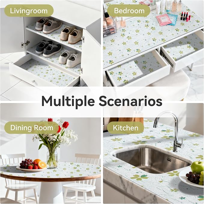 FIFTY FEET 18"x96" Non-Adhesive Shelf Liner for Kitchen Cabinets and Drawers, Washable Non-Slip PVC Cabinet Liner (Green Floral)(7 Roll) - Image 9