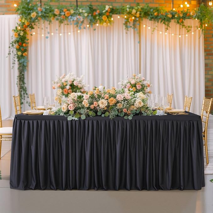 Wish Care Black Table Clothes for Rectangle Tables 6ft, Wrinkle Resistant Fitted Table Cloth with Pleated Ruffle Skirts for Banquet Wedding Baby Shower Folding Tables by WishCare