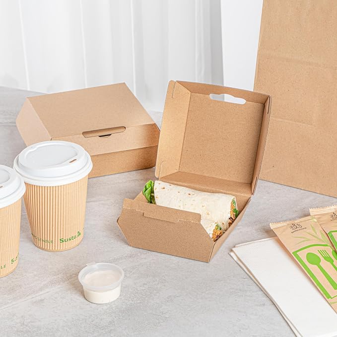 Restaurantware Clamshell Take Out Container 100 Pack of 4 x 4 x 2.8 Inch Paper Sustainable Take Out Box Grease-Resistant Food Box Kraft Burgers and Sandwiches Container - Image 3
