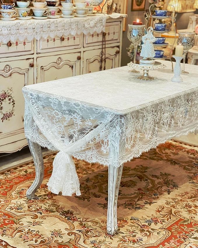 LuoluoHouse 2 Pack 60 x 120 Inch White Lace Rustic Table Cloths Vintage - Image 7