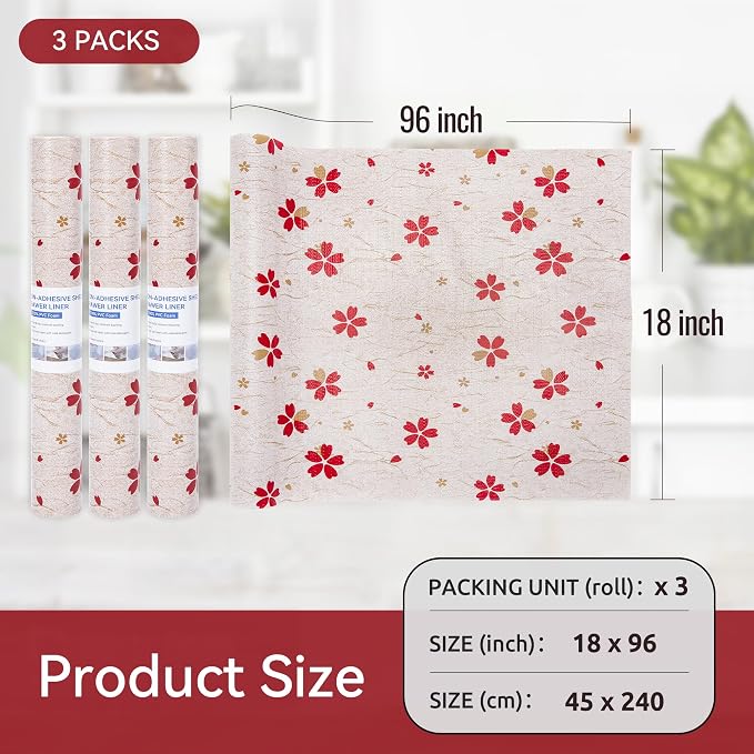 FIFTY FEET 18"x96" Non-Adhesive Shelf Liner for Kitchen Cabinets and Drawers, Washable Non-Slip PVC Cabinet Liner (Red Floral)(3 Roll) - Image 5