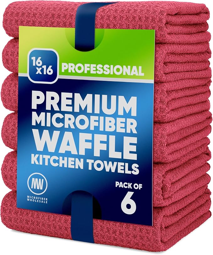 Kitchen Towels - Microfiber Waffle Weave Towels | Absorbent, No Lint, Thick, Reusable, Commercial, Soft, Hand, Tea, Glass, Bar, Sublimation Blank, Polyester Cloths (Red, 16 x 16 (6 Pack)) by MicrofiberWholesale