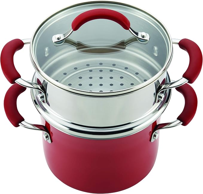 Rachael Ray Cucina Hard Porcelain Enamel Nonstick Multi-Pot / Steamer Set, 3-Quart, Cranberry Red - 16800 - Image 4