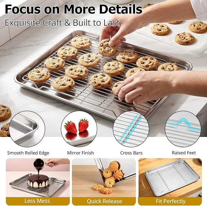 Onader Half Sheet Pan with Cooling Rack Set, 18x13 Inch Stainless Steel Large Baking Cookie Sheet, Metal Oven Baking Tray with Wire Rack, Nonstick, Includes 1 Pan + 1 Rack - Image 3