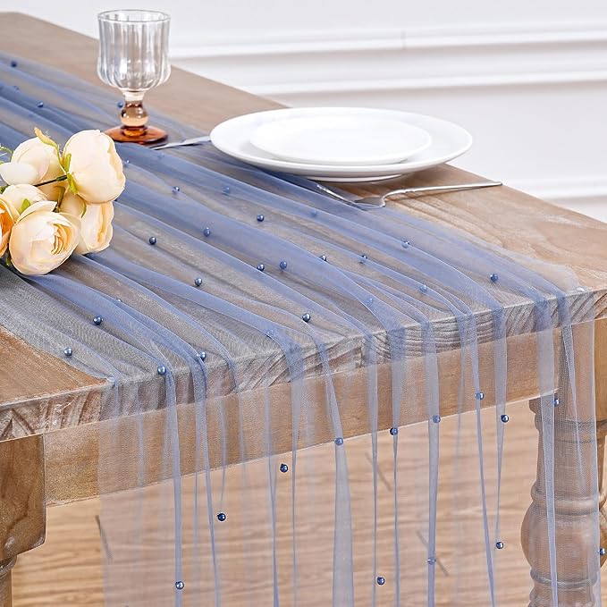 Tulle Pearl Table Runner 10ft Wedding Veil Dusty Blue Dessert Fabric Bulk by LuoluoHouse