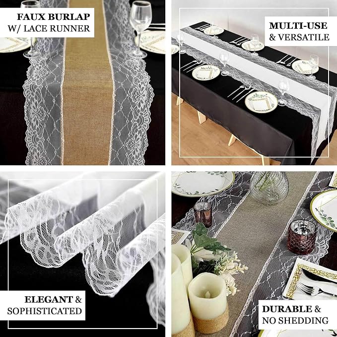 Efavormart 16"x108" White Faux Burlap Jute Lace Table Runner Boho Chic Rustic Decor - Image 3