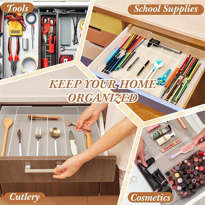 Teenyyou 1 Pack Expandable Kitchen Drawer Organizer Clear Acrylic Utensil Organizer Adjustable Acrylic Silverware Storage for Drawers Silverware Flatware Knives (12 x 16 Inches,5-7 Compartments) - Image 5