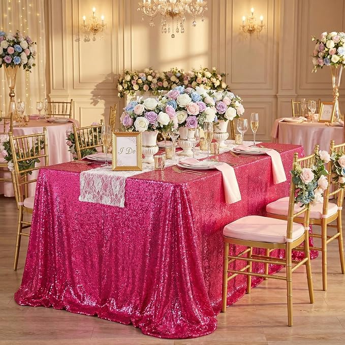 Hot Pink Wedding Sequin Tablecloth 90x156inch Rectangle Glitter Table Cloth by QueenDream