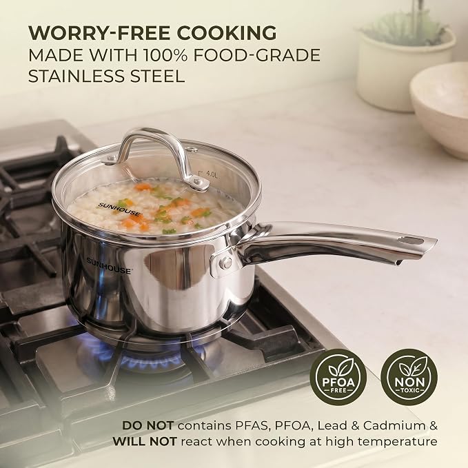 SUNHOUSE 4 QT Stainless Steel Sauce Pan with Lid, Small Pot for Cooking - Image 7