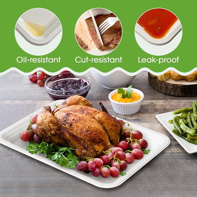 ECOLipak 100 Pack 14 in Compostable White Disposable Food Crawfish Trays | Large Paper Thanksgiving Plates for Turkey, BBQ, Seafood Boil Party Supplies, Heavy Duty, Biodegradable, Sugarcane Bagasse - Image 3