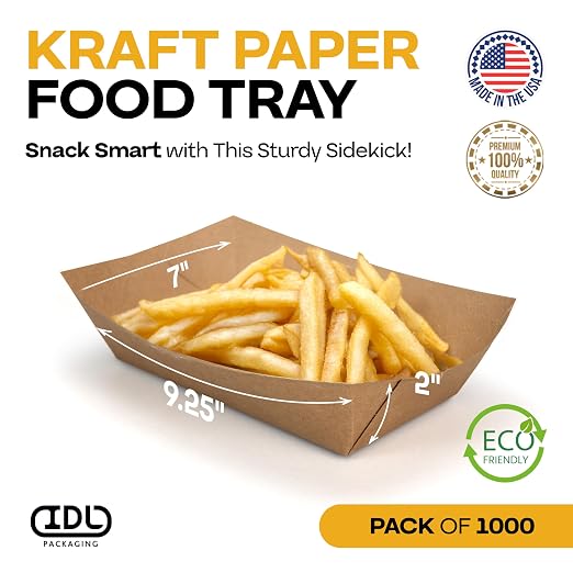 IDL Packaging 5 lb Kraft Paper Food Trays - Food-Safe Poly Coated for Extra Moisture Resistance - Proudly Made in USA - Serving Tray for Fries, Burgers, Appetizers (Pack of 1000) - Image 2