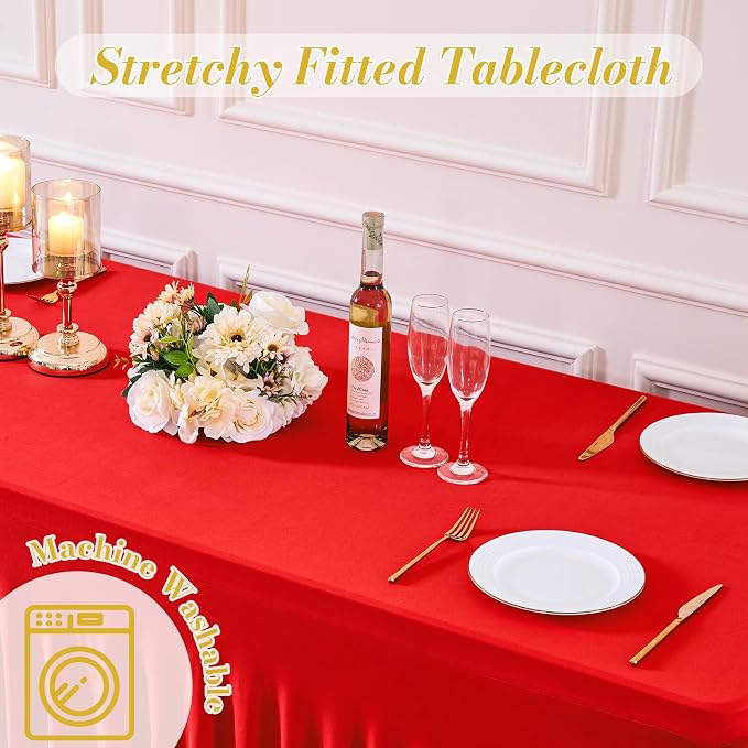 Besutolife 8 Pack Red Spandex Tablecloth for 6ft Rectangle Tables Fitted Table Cloth Stretch Table Covers Skirt 6ft Rectangular Tablecloths for Banquet Parties Wedding Decorations - Image 7