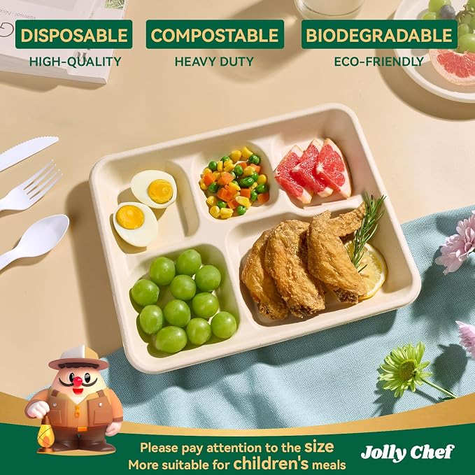Compostable 5 Compartment 10*8.25*1 Inch 500 Pack Heavy Duty Paper Plates | Small Divided Disposable Plates Natural Eco-Friendly Biodegradable Food Tray for School Lunch Dinner - Image 3