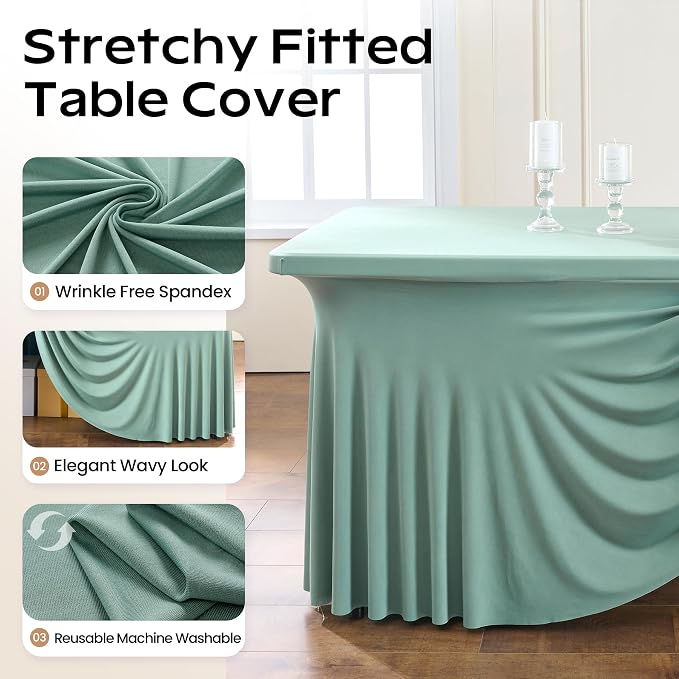 2pack Sage Green Spandex Tablecloths 8ft for Rectangle Tables, Wrinkle Free Classy Table Skirt Stretchy 8 Foot Fitted Table Cloths Covers for Weddings Birthday Party Events Banquette Baby Shower - Image 3